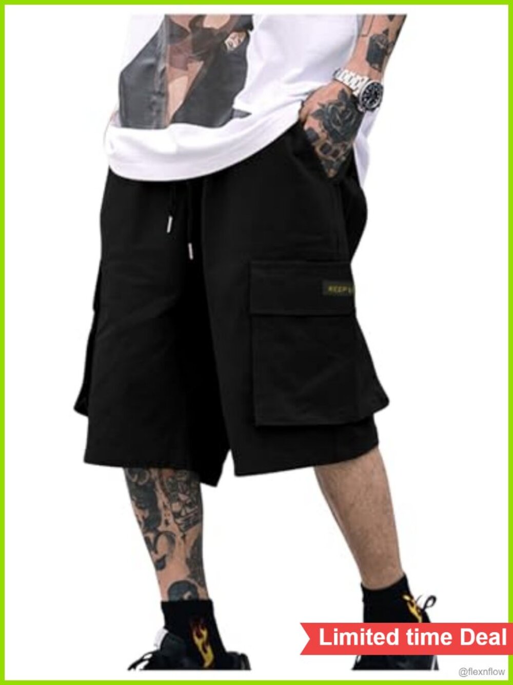 Men's Casual Drawstring Twill Cargo Shorts Flap Pocket Knee Length Loose Fit